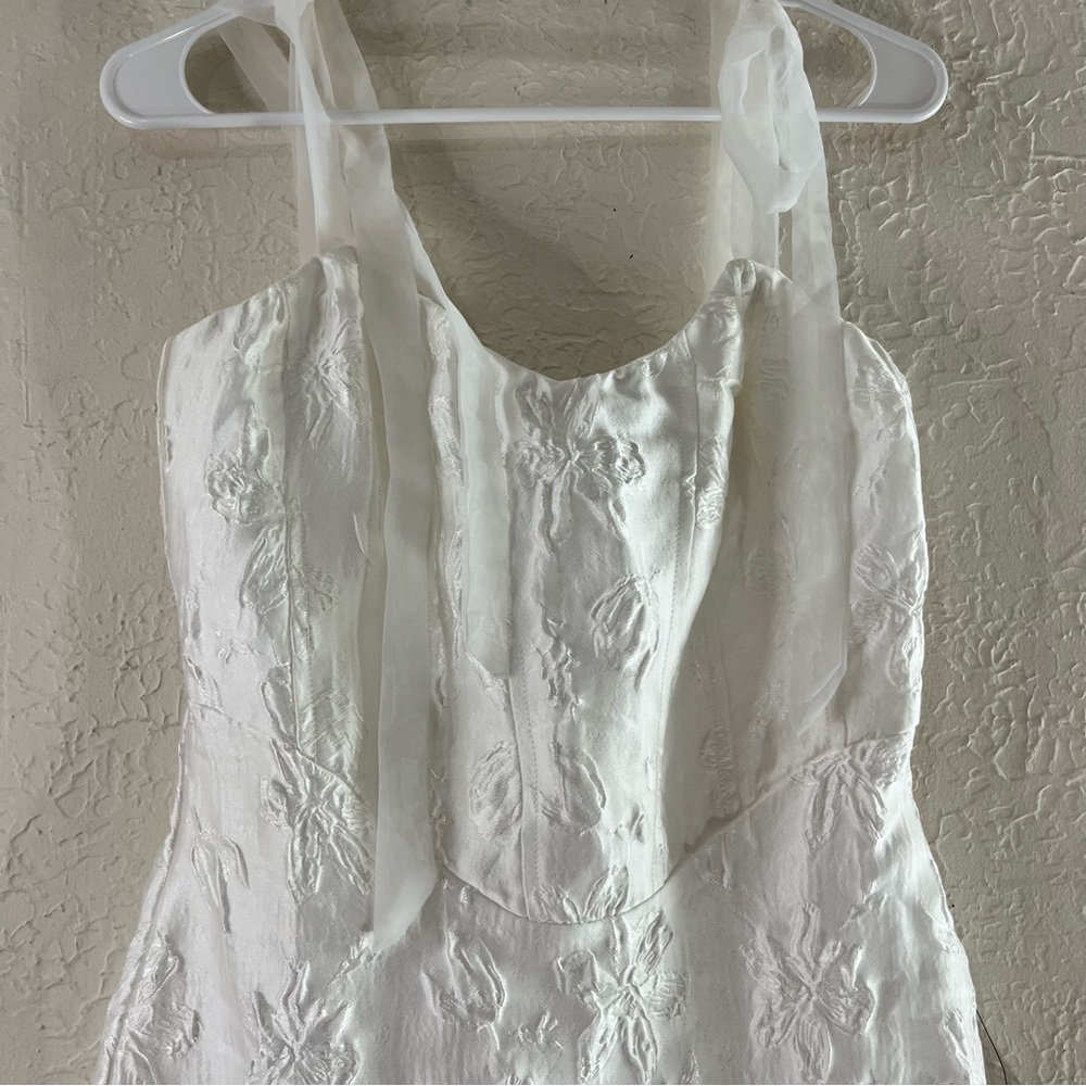 Lulu's Gorgeous Persona White Satin Jacquard Tie Strap Midi Dress - Picture 4 of 15